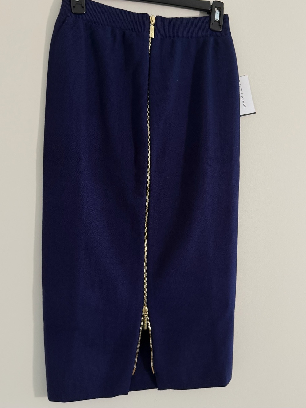 NWT Alexia Admor Navy Knit MIDI Pencil Skirt M Gold Double Zip Modern MSRP $200 - Picture 11 of 14